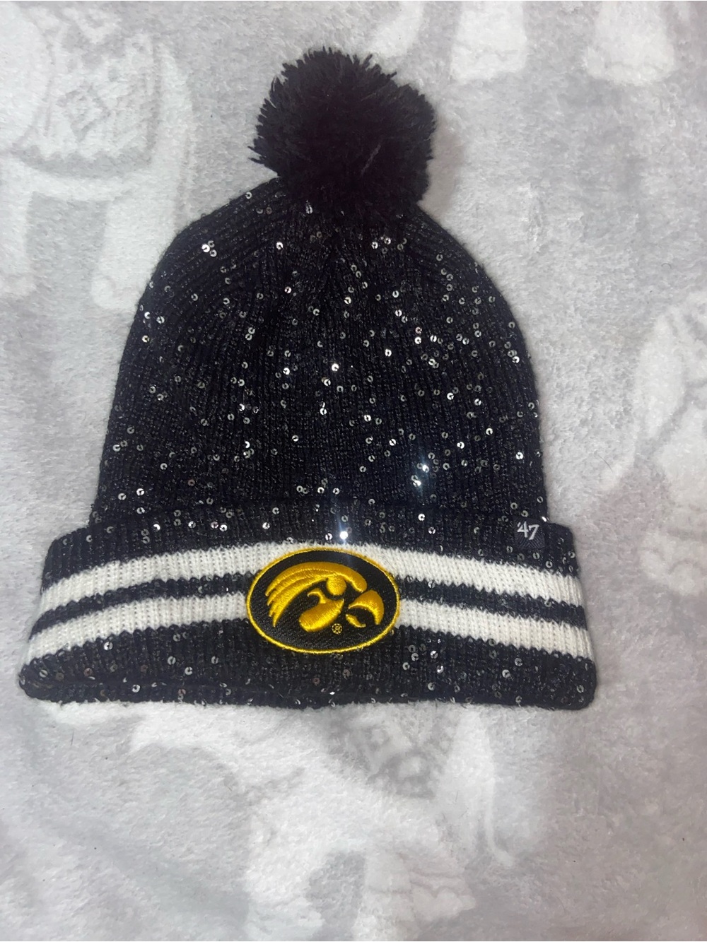 Black Sequin Pom Beanie with Yellow Logo